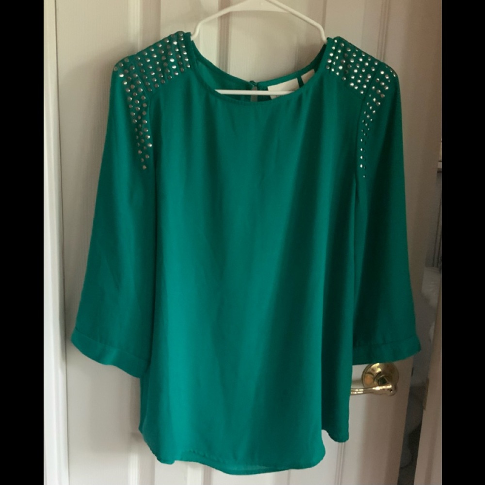Chico’s Green Long Sleeve Blouse with Metallic trim Sz 0